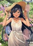  1girl alternate_costume black_eyes black_hair blush collarbone commentary_request cowboy_shot dress eyebrows_visible_through_hair flower hat headgear highres i-400_(kancolle) ichikawa_feesu kantai_collection long_hair looking_at_viewer open_mouth pink_flower purple_flower see-through see-through_dress solo speech_bubble sun_hat sundress tan teeth translation_request upper_teeth white_dress 