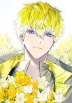  1boy blonde_hair bouquet eyebrows_visible_through_hair flower grey_jacket grey_shirt hair_behind_ear head_tilt highres jacket jeokgwang male_focus mole mole_on_neck nijisanji nijisanji_en orange_flower portrait purple_eyes shirt smile solo sonny_brisko yellow_flower 