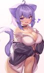  1girl absurdres ahoge animal_ear_fluff animal_ears bandaid bangs blush breasts cat_ears cat_girl cat_tail cleavage collar covered_clitoris crossed_bangs eyebrows_visible_through_hair fang hair_between_eyes heart highres hololive jacket large_breasts long_sleeves looking_at_viewer nekomata_okayu no_bra no_pants open_clothes open_jacket open_mouth partially_unbuttoned purple_eyes purple_hair shirt short_hair smile solo sweat tail virtual_youtuber 