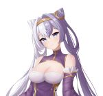  1girl absurdres azur_lane bangs bare_shoulders blue_eyes breasts chinese_commentary cleavage commentary_request cone_hair_bun detached_sleeves dress gaizhuang_no_tianlangxing-shiriasu hair_between_eyes hair_bun hairband head_tilt highres large_breasts long_hair long_sleeves looking_at_viewer multicolored_hair purple_dress purple_hair simple_background smile solo twintails two-tone_hair upper_body white_background white_hair ying_swei_(azur_lane) 