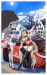  2girls absurdres alternate_costume azur_lane bleachers car checkered_flag flag formidable_(azur_lane) full_body gloves ground_vehicle high_heels highres illustrious_(azur_lane) jie_(465684550) long_hair looking_at_viewer miniskirt motor_vehicle multiple_girls race_queen race_vehicle racecar racetrack skirt thighhighs umbrella visor_cap 