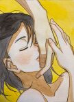  1boy 1girl black_hair blush closed_eyes collarbone fingernails hand_on_another&#039;s_face highres medium_hair nanase774938 nude original painting_(medium) parted_lips pink_lips simple_background solo_focus traditional_media upper_body watercolor_(medium) yellow_background 
