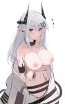  1girl arknights arm_at_side bandaged_arm bandages bangs blush breasts closed_mouth collar collarbone cowboy_shot earrings embarrassed eyebrows_visible_through_hair flying_sweatdrops grey_hair groin hair_ornament highres horns infection_monitor_(arknights) inverted_nipples jewelry large_breasts long_hair looking_at_viewer mudrock_(arknights) multico navel open_clothes oripathy_lesion_(arknights) pointy_ears red_eyes solo stomach topless 