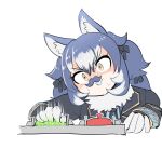  1girl animal_costume animal_ears beard closed_mouth dire_wolf_(kemono_friends) facial_hair gloves grey_eyes highres kemono_friends kemono_friends_v_project long_hair mcgunngu necktie papers_please parody ribbon shirt skirt solo sweat tail virtual_youtuber wolf_ears wolf_girl 