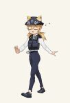  1girl :3 animal_ears bangs belt black_belt black_footwear blonde_hair blue_pants body_armor body_cam cat_ears cellphone checkered_clothes checkered_necktie closed_eyes collared_shirt cuffs dongdong_(0206qwerty) dress_shirt epaulettes fang girls&#039;_frontline handcuffs hat highres idw_(girls&#039;_frontline) load_bearing_equipment load_bearing_vest long_hair long_sleeves music musical_note necktie no_socks open_mouth pants phone pocket police police_hat police_uniform policewoman shirt shoes sidelocks simple_background singing twintails uniform united_kingdom walking white_background white_shirt 