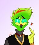  anthro avian beak bird blue_eyes clothed clothing demon fan_character fur green_body green_eyes green_fur helluva_boss hi_res male parrot simple_background smile solo the_real_mr._big_d_98 