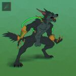  absurd_res angry animal_genitalia anthro armguards balls bonelesswolf canid canine canis claws clothed clothing digitigrade fully_sheathed genitals hi_res huge_filesize league_of_legends male mammal muscular nude open_mouth riot_games scar sheath solo tongue topless video_games warwick_(lol) wolf 