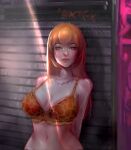  1girl aokoto arms_behind_back bangs breasts brown_eyes crop_top day expressionless eyelashes graffiti highres jewelry joy_(shenmue) large_breasts light_blush light_rays lips long_hair looking_at_viewer makeup midriff navel necklace orange_hair outdoors patterned_clothing shenmue shenmue_ii sidelocks solo standing yellow_crop_top 