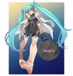  1girl aqua_eyes aqua_hair barefoot black_bodysuit black_gloves blush bodysuit border bottle brand_name_imitation eiji_(eiji) feet fingerless_gloves foreshortening full_body gloves hair_between_eyes hatsune_miku highres holding holding_bottle jacket jacket_on_shoulders long_hair one_eye_closed race_queen skin_tight smile solo sponsor twintails vocaloid white_border white_jacket 