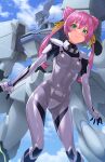  1girl blush breasts cloud covered_navel double_bun fortified_suit fubuki_(muvluv) gloves green_eyes grey_gloves hair_bun highres kurione_(zassou) mecha muvluv muvluv_alternative muvluv_alternative_(anime) open_hands pilot_suit pink_hair science_fiction skin_tight sky small_breasts smile tactical_surface_fighter tamase_miki twintails visor 
