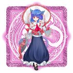  1girl ;3 animal_ears blue_hair bow cat_ears cat_tail frills hagoromo hat hat_removed headwear_removed highres kemonomimi_mode long_sleeves looking_at_viewer mitaojiu_(wumiaoxiao_mengjiu) nagae_iku one_eye_closed paw_pose red_eyes ribbon shawl shoes short_hair skirt solo tail tail_bow tail_ornament touhou 