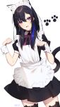  1girl alternate_costume animal_ears apron black_hair blue_hair cat_ears cat_tail earrings enmaided highres ichinose_uruha jewelry long_hair maid maid_apron maid_headdress multicolored_hair paw_pose paw_print pink_eyes ribbon simple_background solo streaked_hair tail virtual_youtuber vspo! white_background wrist_cuffs you06 zettai_ryouiki 