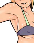  1girl armpit_focus armpits bare_shoulders bikini blonde_hair breasts close-up collarbone covered_nipples head_tilt lips original parted_lips saberrung short_hair sidelocks smile sport_girl_(saberrung) sweat swimsuit underboob wet white_background 