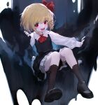  1girl ascot black_footwear black_legwear black_skirt black_vest blonde_hair collared_shirt commentary hair_between_eyes hair_ribbon highres kneehighs long_sleeves open_mouth red_ascot red_eyes red_ribbon ribbon rumia sharp_teeth shirt shoes short_hair siyumu skirt smile solo teeth touhou vest white_shirt 