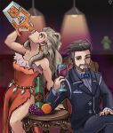  1boy 1girl alcohol beard blue_bow blue_bowtie blush bottle bow bowtie breasts brown_eyes chair chugging crossed_legs cup dress drinking_glass earrings facial_hair food formal fruit grapes highres indoors jewelry long_hair looking_at_viewer medium_breasts orange_(fruit) orange_dress orange_juice pokemon pokemon_(game) pokemon_sv sada_(pokemon) side_slit sitting stoic_seraphim strapless strapless_dress suit turo_(pokemon) wine wine_bottle wine_glass 