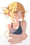  1girl bangs bare_shoulders blonde_hair blunt_bangs blush boku_no_hero_academia breasts cleavage closed_mouth collarbone cropped_torso crossed_arms double_bun eyebrows_visible_through_hair eyes_visible_through_hair grey_sports_bra hair_bun highres light_smile medium_breasts rasusurasu short_eyebrows short_hair_with_long_locks sidelocks simple_background solo sports_bra toga_himiko tsurime upper_body v-shaped_eyebrows white_background 