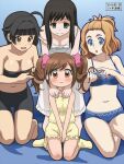  4girls awa black_hair bra breasts character_request closed_mouth crossover dress full_body hondo_kaede long_hair looking_at_viewer medium_hair multiple_girls navel open_mouth panties short_hair simple_background smile underwear voice_actor_connection 