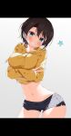  1girl absurdres black_hair black_shorts blue_eyes blush breast_hold breasts clenched_teeth cropped_hoodie highres hololive hood hoodie kuno_(kc9s) large_breasts messy_hair midriff oozora_subaru short_hair shorts simple_background smile star_(symbol) teeth v yellow_hoodie 