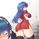  1boy 1girl ? ass awayuki_ramika blue_eyes blue_hair blush breasts brown_legwear caeda_(fire_emblem) cameltoe closed_eyes dress elbow_gloves fire_emblem fire_emblem:_mystery_of_the_emblem flying_sweatdrops gloves large_breasts long_hair looking_at_another looking_back marth_(fire_emblem) panties short_dress short_sleeves side_slit simple_background sweatdrop thighhighs underwear white_background white_gloves white_panties 