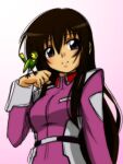  1girl aiueo8371 bangs black_eyes breasts brown_hair clenched_hand genderswap genderswap_(mtf) gundam gundam_seed jacket kira_yamato long_hair looking_at_viewer medium_breasts purple_jacket robot smile solo torii_(gundam) 