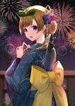  1girl blue_kimono bow brown_hair commentary_request fireworks flower gakuon_(gakuto) green_bow hair_bow hair_bun hair_flower hair_ornament japanese_clothes kimono long_sleeves looking_at_viewer looking_back medium_hair nape night night_sky open_mouth original outdoors purple_eyes purple_flower red_flower sash sky solo upper_body wide_sleeves yellow_bow yellow_sash yukata 