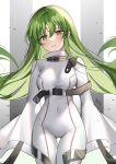  1girl absurdres belt belt_buckle bodysuit breasts buckle c.c. code_geass covered_navel english_commentary facial_mark forehead_mark geass green_hair highres impossible_bodysuit impossible_clothes long_hair looking_at_viewer medium_breasts nerua parted_lips signature sleeves_past_wrists solo straitjacket very_long_hair yellow_eyes 