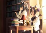  2girls adjusting_eyewear air_groove_(umamusume) animal_ears bangs black_hair black_kimono bookshelf brown_hair clipboard closed_mouth curtains eishin_flash_(umamusume) flower frown glasses hair_bun hair_flower hair_ornament highres holding holding_clipboard horse_ears horse_girl horse_tail indoors jacket japanese_clothes kimono lamp motsushi multiple_girls round_eyewear short_hair short_ponytail sitting sleeves_past_wrists standing table tail umamusume white_jacket window 