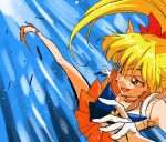  1girl bishoujo_senshi_sailor_moon blonde_hair blue_bow bow highres kicking magical_girl murimajimuri orange_footwear orange_skirt red_bow sailor_venus skirt 