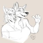  2_heads anthro canid canine canis conjoined conjoined_twins duo female female/female hi_res mammal multi_head multifur oukaarts smile wolf 