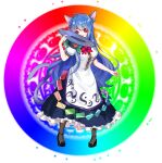  1girl absurdres ahoge animal_ears black_legwear blue_hair bow cat_ears cat_tail food fruit hat hat_removed headwear_removed highres hinanawi_tenshi holding holding_clothes holding_hat kemonomimi_mode long_hair looking_to_the_side mitaojiu_(wumiaoxiao_mengjiu) pantyhose peach puffy_sleeves rainbow_gradient red_bow red_eyes short_sleeves solo tail touhou very_long_hair 