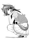  1girl absurdres animal_ears artist_name full_body greyscale hair_ornament hairclip hands_on_own_cheeks hands_on_own_face head_tilt highres horse_ears horse_girl horse_tail looking_at_viewer monochrome mr._c.b._(umamusume) puffy_short_sleeves puffy_sleeves sailor_collar school_uniform shadow shirt_tucked_in shoes short_sleeves skirt_hold smile solo squatting tail tracen_school_uniform umamusume zhu_(nitamagr) 