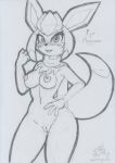  2022 anstane_(anstane) anthro blush bodily_fluids breasts eeveelution female genital_fluids genitals glaceon graphite_(artwork) hand_on_hip looking_at_viewer lunaris_parukia mostly_nude navel nintendo nipples pok&eacute;mon pok&eacute;mon_(species) pok&eacute;morph pussy pussy_juice scarf scarf_only solo traditional_media_(artwork) video_games 