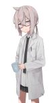  1girl absurdres bangs black_necktie black_skirt breast_pocket closed_mouth collared_shirt cowlick cup dress_shirt girls&#039;_frontline glasses grey_hair hair_between_eyes highres holding holding_cup labcoat looking_at_viewer low_ponytail m200_(girls&#039;_frontline) necktie origumi pen pleated_skirt pocket purple_eyes shark_print shirt sidelocks signature simple_background skirt white_background white_shirt 