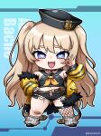  1girl :d azur_lane bache_(azur_lane) bandaid bandaid_on_knee bandaid_on_leg bangs bare_shoulders bead_bracelet beads belt belt_pouch black_footwear black_headwear black_sailor_collar black_shirt blonde_hair blush bracelet breasts brown_belt character_name chibi collar collarbone commentary_request crop_top cutoffs denim denim_shorts fang fishnet_legwear fishnets full_body fur-trimmed_jacket fur_trim groin hair_between_eyes hand_on_hip hat heart heart-shaped_pupils jacket jewelry kurono long_hair looking_at_viewer loose_socks midriff navel neckerchief off_shoulder ok_sign open_clothes open_mouth open_shorts pink_collar pouch purple_eyes sailor_collar sailor_hat shirt shoes short_shorts shorts sidelocks single_thighhigh sleeveless small_breasts smile solo standing symbol-shaped_pupils thighhighs twitter_username two_side_up very_long_hair yellow_jacket yellow_neckerchief 