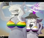  absurd_res beach big_breasts bikini bikini_top breasts clothed clothing duo eyewear female fish hair hi_res lagomorph leporid lgbt_pride mammal marine maskofravens piercing pride_color_clothing pride_colors rabbit seaside selfie shark sunglasses swimwear text white_hair 