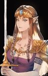  1girl armor black_background blue_eyes breasts brown_hair collarbone crown dress earrings gem gloves highres holding holding_sword holding_weapon jewelry long_hair medium_breasts partially_fingerless_gloves pointy_ears princess_zelda purple_dress shoulder_armor sidelocks solo sword the_legend_of_zelda the_legend_of_zelda:_twilight_princess weapon yyu_pu 