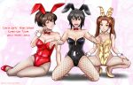  3girls animal_ears arm_support artist_name black_leotard bow bowtie breasts brown_eyes character_name cleavage collarbone detached_collar fishnets girls_und_panzer hair_between_eyes hands_on_own_legs high_heels highres kadotani_anzu kawashima_momo koyama_yuzu large_breasts leotard medium_breasts monocle multiple_girls nishi_itsumi no_shoes playboy_bunny rabbit_ears red_bow red_bowtie red_footwear red_leotard short_ponytail small_breasts smile spread_legs squatting twintails twitter_username wrist_cuffs yellow_bow yellow_bowtie yellow_footwear yellow_leotard zoom_layer 