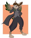  anthro barefoot black_bottomwear black_clothing black_pants bottomwear brown_body brown_ears brown_eyes brown_fur brown_tail brown_wings cape clothed clothing diaper diaper_under_clothing digitigrade feet front_view fur glistening glistening_eyes green_wings grey_clothing grey_topwear hi_res holding_knife holding_object jaqrabbit_(artist) knife lagomorph leporid male mammal mask pants pink_nose rabbit scut_tail short_tail simple_background smile solo standing teeth topwear wings 