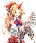  1girl :d absurdres blonde_hair blush bow cosplay detached_sleeves gohei hair_bow hakurei_reimu hakurei_reimu_(cosplay) heart highres holding holding_stick horns hoshiguma_yuugi japanese_clothes long_hair looking_at_viewer midriff navel open_mouth ponytail red_eyes red_skirt ribbon ribbon-trimmed_sleeves ribbon_trim sarashi shirt simple_background single_horn skirt smile solo stick sunnysideup touhou white_background wide_sleeves 