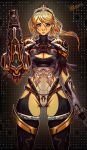  arm_cannon armor armored_leotard black_legwear blonde_hair blue_eyes boots cleavage_cutout clothing_cutout crossover danderfull elaborate_armor elaborate_weapon facing_viewer feather-trimmed_sleeves feather_trim fusion gauntlets gloves gold_trim highres katana lace_ribbon leotard looking_at_viewer metroid mole mole_under_mouth nier_(series) nier_automata pauldrons ponytail samus_aran shoulder_armor sword thigh_boots thigh_gap thighhighs thighs weapon white_gloves yorha_no._2_type_b 
