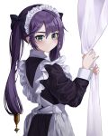  1girl alternate_costume apron back_bow bangs black_shirt black_skirt blush bow closed_mouth enmaided from_side genshin_impact green_eyes hair_between_eyes hair_bow hee_(user_ykux4248) long_hair long_sleeves looking_at_viewer looking_back maid mona_(genshin_impact) purple_hair shiny shiny_hair shirt skirt solo sweatdrop twintails very_long_hair white_apron white_background 