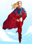  1girl absurdres blonde_hair blue_eyes blue_sky cape cloud dc_comics full_body hands_on_hips highres long_hair long_sleeves looking_at_viewer ratsays_squeak red_cape red_footwear sky smile solo supergirl superhero superman_(series) thighhighs 