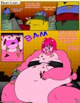  2018 anthro belly big_belly big_breasts bottomwear bowl breasts burping clothing comic container deep_navel dishes english_text female hi_res hyper hyper_belly mammal morbidly_obese morbidly_obese_anthro morbidly_obese_female navel obese obese_anthro obese_female open_mouth overweight overweight_anthro overweight_female plate raspberry_(viroveteruscy) solo sound_effects text topwear torn_clothing ursid viroveteruscy warning_cream_filled weight_gain 