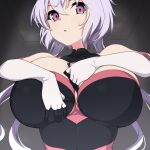  breasts collar from_below gloves highres huge_breasts kuro_mushi open_mouth purple_eyes senki_zesshou_symphogear sweat twintails white_hair yukine_chris 