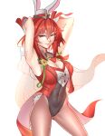  1girl animal_ears armpits arms_up ass_visible_through_thighs breasts brown_legwear cleavage cleru_(cleruuuuu) covered_navel english_commentary eyebrows_visible_through_hair fake_animal_ears fake_tail fire_emblem fire_emblem:_mystery_of_the_emblem fire_emblem_heroes hat highres large_breasts leotard looking_at_viewer medium_hair minerva_(fire_emblem) mini_hat official_alternate_costume pantyhose rabbit_ears rabbit_tail red_eyes red_hair simple_background smile solo tail white_background 