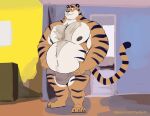  anthro belly belly_grab big_belly big_pecs broad_shoulders bulge chest_tuft clothing embarrassed felid hi_res male mammal musclegut muscular muscular_male navel nipples pantherine paws pecs solo tcw tiger tuft underwear weight_gain 