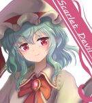 1girl ascot bangs bat_wings blue_hair blush closed_mouth collared_dress dress english_text eyebrows_visible_through_hair eyes_visible_through_hair frills gem grey_dress grey_headwear hair_between_eyes hat hat_ribbon jewelry looking_to_the_side mob_cap namiki_(remiter00) puffy_short_sleeves puffy_sleeves red_ascot red_eyes red_gemstone red_ribbon remilia_scarlet ribbon short_sleeves simple_background smile solo symbol-only_commentary touhou upper_body v-shaped_eyebrows white_background wings 