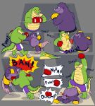  2022 absurd_res alligator alligatorid anthro belly bottomwear boxing boxing_gloves brok_(character) brok_the_investigator clothing comic crocodilian duo eulipotyphlan exclamation_point fight glassesgator green_body handwear hi_res lying male mammal mole_(animal) overweight overweight_male purple_body reptile scalie shorts sport video_games 