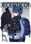  1girl animal animalization backpack bag bechu bird decepticon gloves hat headphones heart highres holding holding_animal humanization jacket korean_commentary laserbeak load_bearing_vest long_hair mask military patch radio soundwave_(transformers) transformers visor white_hair 