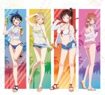  4girls bare_shoulders bikini blonde_hair blue_bikini blue_eyes blue_hair blush bow braid breasts brown_hair cleavage clothes_pull denim denim_shorts feet flip-flops frilled_bikini frills from_behind full_body hair_bow hair_ornament hair_ribbon hair_scrunchie hand_up highres hood hoodie kanojo_okarishimasu large_breasts legs long_hair long_sleeves looking_at_viewer looking_back mizuhara_chizuru multiple_girls nanami_mami navel off_shoulder one_eye_closed open_fly open_mouth pink_bikini polka_dot polka_dot_bikini ponytail red_hair ribbon sakurasawa_sumi sandals sarashina_ruka scrunchie see-through see-through_shirt shirt shirt_pull short_hair short_shorts shorts smile swimsuit toes water_gun wet wet_clothes wet_shirt white_bikini white_hoodie 